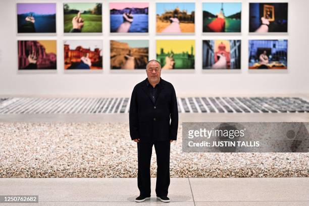 Chinese artist Ai Weiwei poses in front of his art pieces displayed during the press preview for the exhibition "Ai Weiwei: making sense" at the...