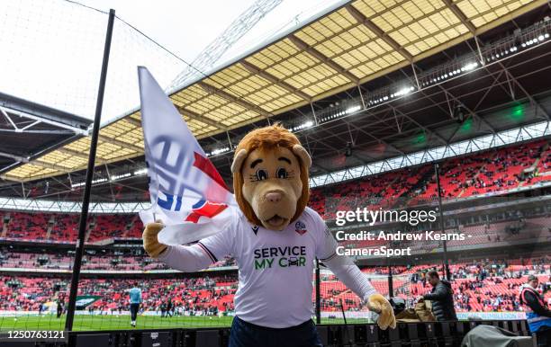 Bolton Wanderers' mascot, Lofty The Lion, enjoying the pre-match atmosphere at Wembley Stadium during EFL Papa John's Trophy Final match between...