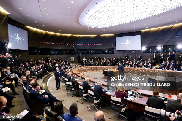 Secretary General Jens Stoltenberg opens a round table during the North Atlantic Council Ministers of Foreign Affairs meeting at the NATO...