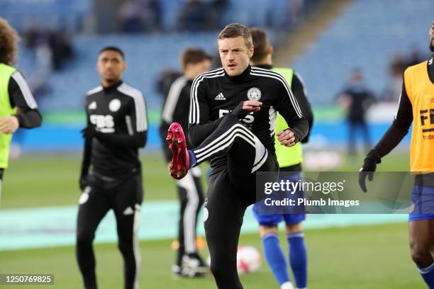 Jamie Vardy of Leicester City warms up ahead of the Premier League match between Leicester City and Aston Villa at King Power Stadium on April 4,...