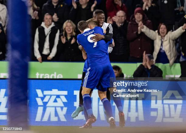 Leicester Citys Harvey Barnes celebrates scoring his side's first goal with team Jamie Vardy during the Premier League match between Leicester City...