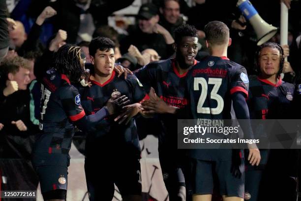 Erick Gutierrez of PSV celebrates 0-1 with Johan Bakayoko of PSV, Ibrahim Sangare of PSV, Joey Veerman of PSV during the Dutch KNVB Beker match...