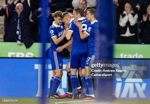 Leicester Citys Harvey Barnes celebrates scoring his side's first goal with team mates during the Premier League match between Leicester City and...