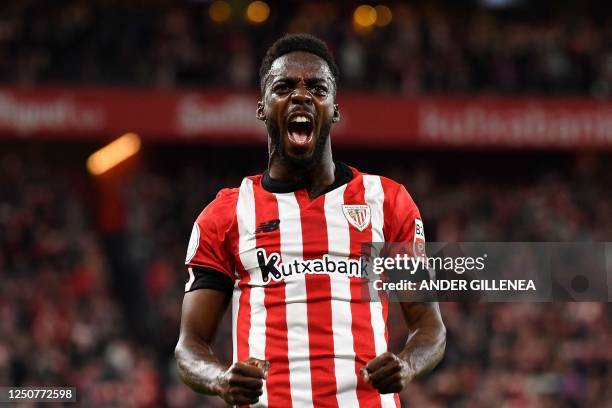 Athletic Bilbao's Spanish forward Inaki Williams celebrates after scoring his team's first goal during the Spanish Copa del Rey semi final second leg...
