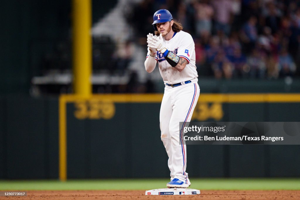 Texas Ranger Heim Jonah Heim of the Texas Rangers celebrates a double during a game ...