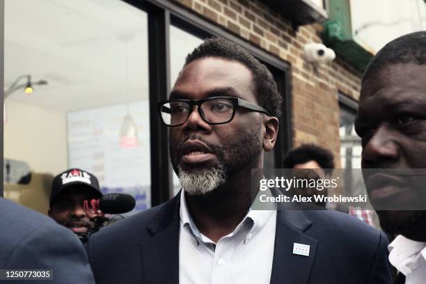 Chicago mayoral candidate Brandon Johnson leaves after campaigning at Manny's Cafeteria & Delicatessen during the mayoral runoff election at Robert...