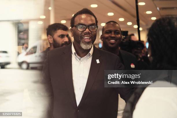 Chicago mayoral candidate Brandon Johnson campaigns at Manny's Cafeteria & Delicatessen during the mayoral runoff election at Robert Healy Elementary...