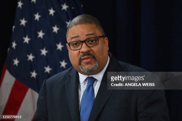 Manhattan District Attorney Alvin Bragg speaks during a press conference to discuss his indictment of former President Donald Trump, outside the...