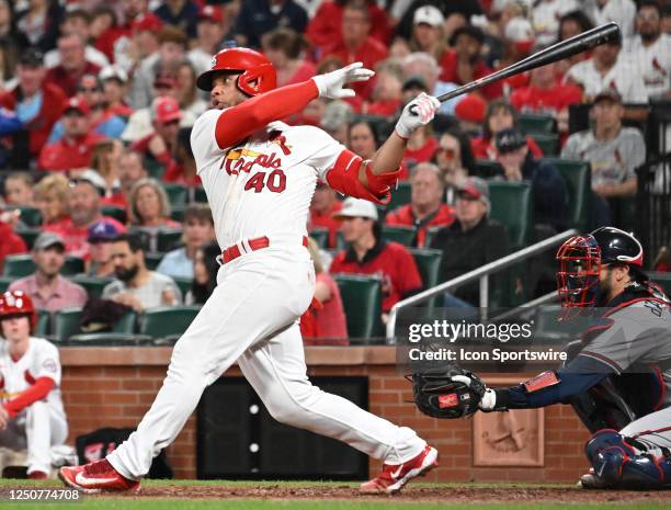 St. Louis Cardinals catcher Willson Contreras singles in the fifth inning during an MLB game between the Atlanta Braves and the St. Louis Cardinals...