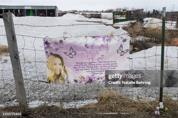 Picture of Tylee Ryan is seen on a fence opposite the property where her body was found in 2020, on April 4, 2023 in Rexburg, Idaho. The trial of the...