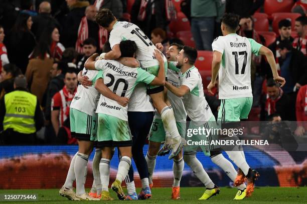 Osasuna's players celebrate after winning the Spanish Copa del Rey semi final second leg football match between Athletic Club Bilbao and CA Osasuna...