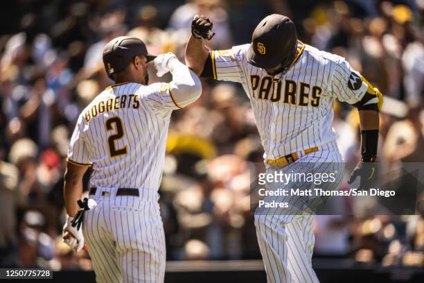 Nelson Cruz of the San Diego Padres celebrates after hitting a home run in the fourth inning against the Arizona Diamondbacks on April 4, 2023 at...