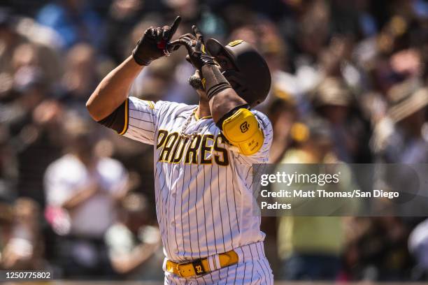 Nelson Cruz of the San Diego Padres celebrates after hitting a home run in the fourth inning against the Arizona Diamondbacks on April 4, 2023 at...