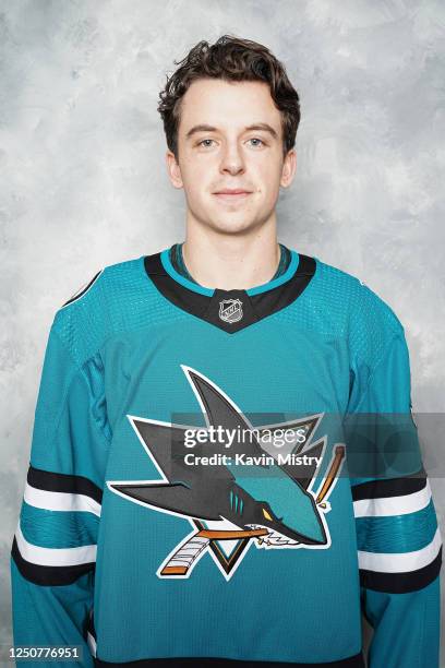 Henry Thrun of the San Jose Sharks poses for his official headshot for the 2022-2023 season against the Colorado Avalanche at SAP Center on April 4,...