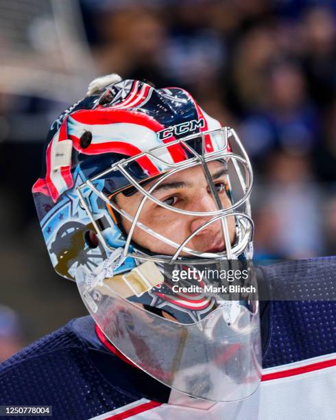 Jet Greaves of the Columbus Blue Jackets looks on against the Toronto Maple Leafs during the first period at the Scotiabank Arena on April 4, 2023 in...