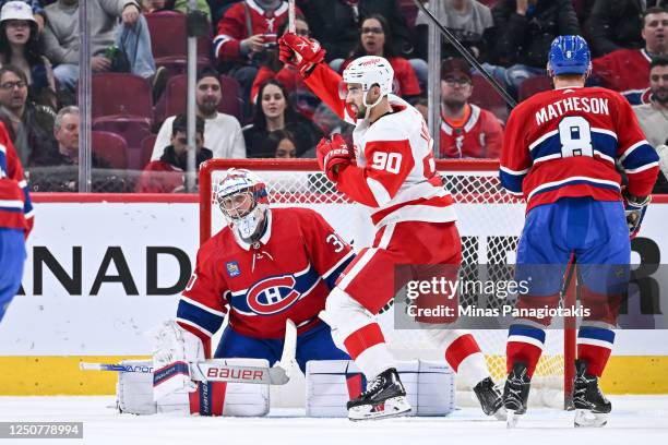 Joe Veleno of the Detroit Red Wings celebrates his goal against goaltender Cayden Primeau of the Montreal Canadiens during the second period at...