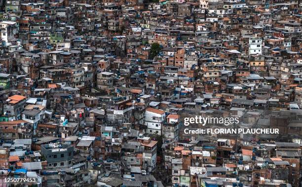 Aerial view of the Rocinha favela in Rio de Janeiro, Brazil, taken on March 14, 2023. There are currently 52 "solidarity kitchens" set up in Brazil...