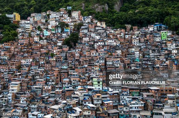 Aerial view of the Rocinha favela in Rio de Janeiro, Brazil, taken on March 14, 2023. There are currently 52 "solidarity kitchens" set up in Brazil...