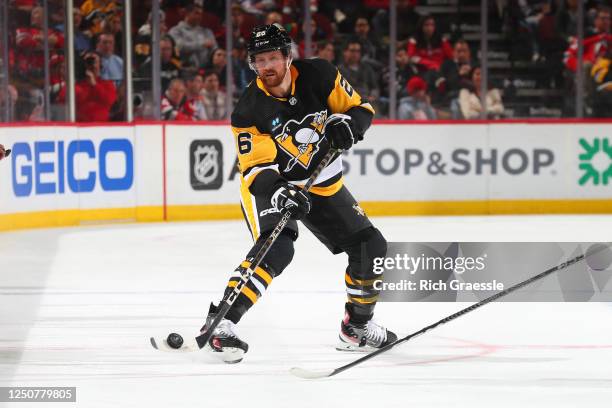 Jeff Petry of the Pittsburgh Penguins skates in the second period of the game against the New Jersey Devils on April 4, 2023 in Newark, New Jersey.