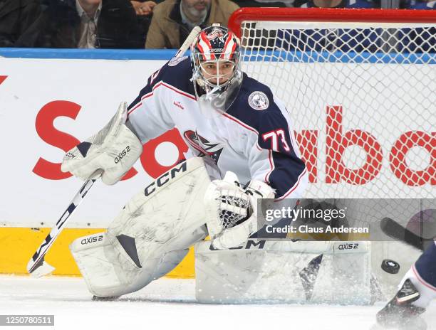 Jet Greaves of the Columbus Blue Jackets defends the net in his first NHL game against the Toronto Maple Leafs at Scotiabank Arena on April 4, 2023...