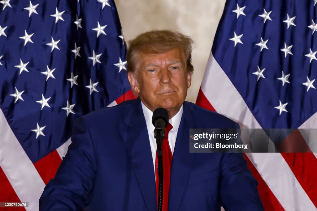 Former US President Donald Trump delivers remarks at the Mar-a-Lago