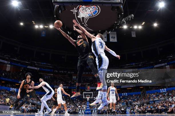 Lamar Stevens of the Cleveland Cavaliers drives to the basket during the game against the Orlando Magic on April 4, 2023 at Amway Center in Orlando,...