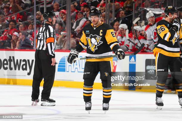 Sidney Crosby of the Pittsburgh Penguins skates in the third period of the game against the New Jersey Devils on April 4, 2023 in Newark, New Jersey.