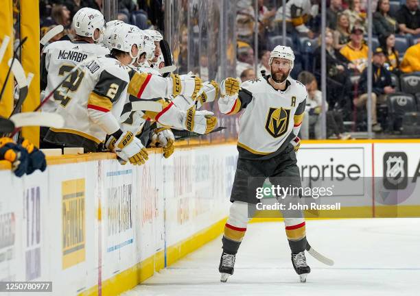 Alex Pietrangelo of the Vegas Golden Knights celebrates his goal against the Nashville Predators during an NHL game at Bridgestone Arena on April 4,...