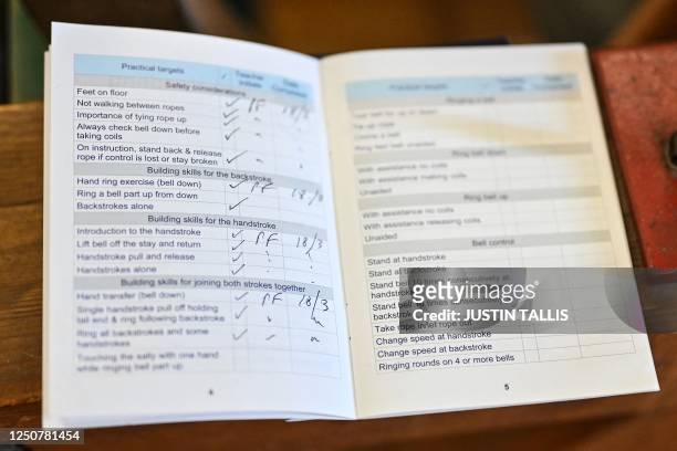 Photograph taken on March 25, 2023 shows a training book which lists practical targets during a bell ringing training session at All Saints Church,...