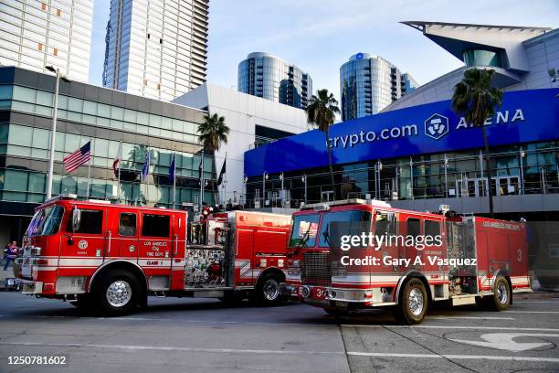 Fire Trucks lined up outside of for Crypto.com Arena on First Responders Night prior to the game between the Edmonton Oilers and the Los Angeles...