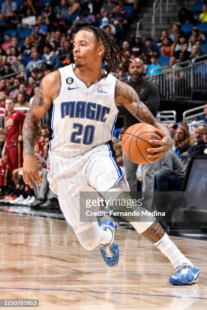 Markelle Fultz of the Orlando Magic dribbles the ball during the game against the Cleveland Cavaliers on April 4, 2023 at Amway Center in Orlando,...