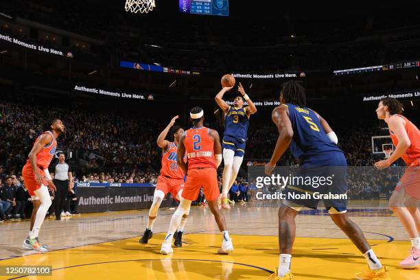 Jordan Poole of the Golden State Warriors shoots the ball during the game against the Oklahoma City Thunder on April 4, 2023 at Chase Center in San...