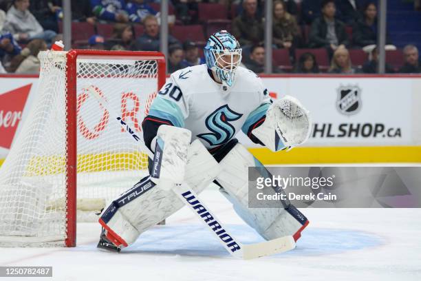 Martin Jones of the Seattle Kraken defends the net during the first period against the Vancouver Canucks at Rogers Arena on April 4, 2023 in...