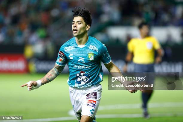 Victor Davila of Leon celebrates after scoring the team's second goal during the quarterfinals first leg match between Leon and Violette as part of...