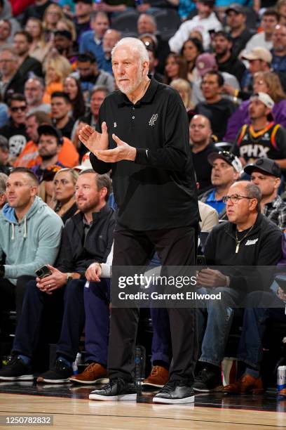 Head Coach Gregg Popovich of the San Antonio Spurs looks on during the game against the Phoenix Suns on April 4, 2023 at Footprint Center in Phoenix,...