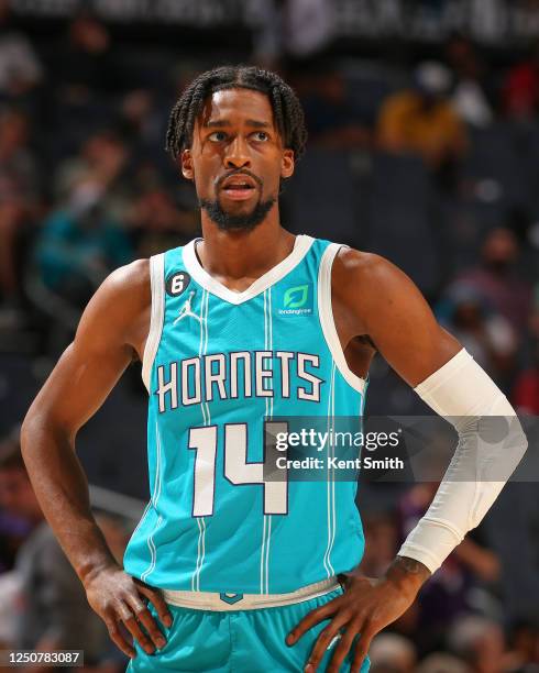 Kobi Simmons of the Charlotte Hornets looks on during the game on April 4, 2023 at Spectrum Center in Charlotte, North Carolina. NOTE TO USER: User...