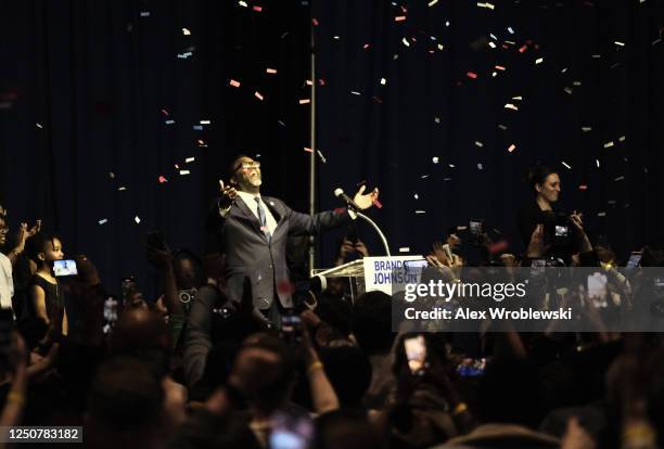 Union organizer and Cook County Commissioner Brandon Johnson speaks after being projected winner as mayor on April 4, 2023 in Chicago, Illinois....