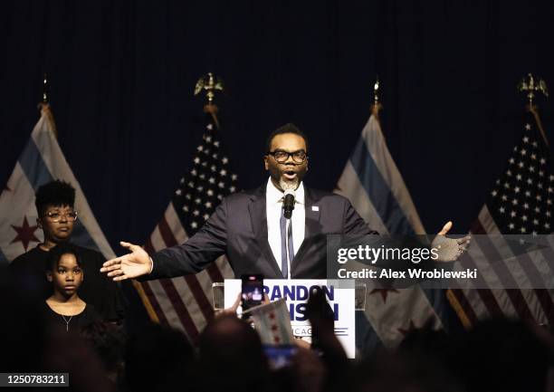 Union organizer and Cook County Commissioner Brandon Johnson speaks after being projected winner as mayor on April 4, 2023 in Chicago, Illinois....