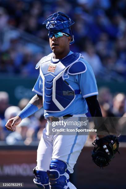 Kansas City Royals catcher Salvador Perez looks on during an MLB game against the Minnesota Twins on April 01, 2023 at Kauffman Stadium in Kansas...