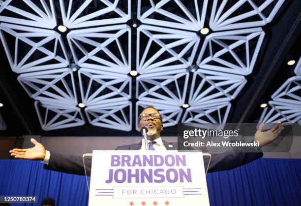 Union organizer and Cook County Commissioner Brandon Johnson speaks after being projected winner as mayor on April 4, 2023 in Chicago, Illinois....