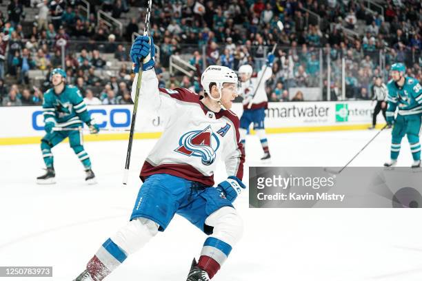 Nathan MacKinnon of the Colorado Avalanche celebrates scoring the game-winning goal in overtime against the San Jose Sharks at SAP Center on April 4,...