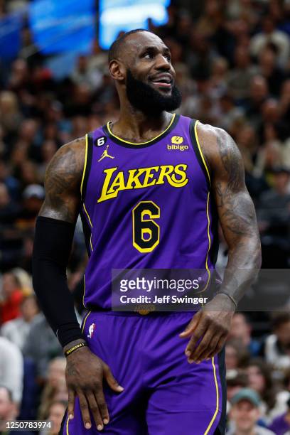 LeBron James of the Los Angeles Lakers smiles during the game against the Utah Jazz on April 4, 2023 at vivint.SmartHome Arena in Salt Lake City,...