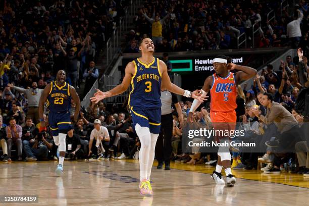 Jordan Poole of the Golden State Warriors celebrates during the game against the Oklahoma City Thunder on April 4, 2023 at Chase Center in San...