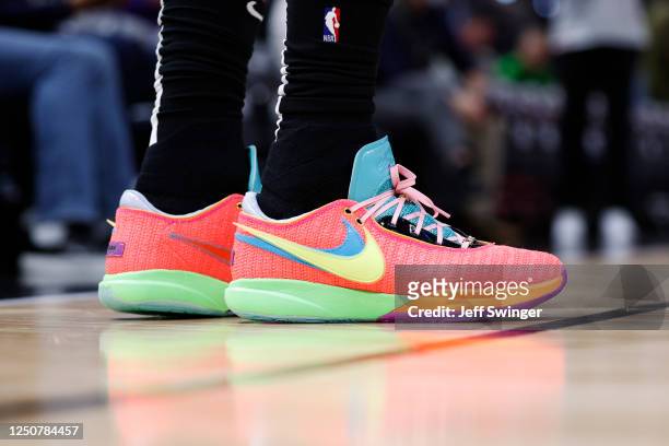 The sneakers worn by LeBron James of the Los Angeles Lakers during the game against the Utah Jazz on April 4, 2023 at vivint.SmartHome Arena in Salt...