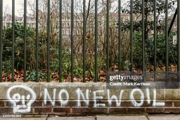 Just Stop Oil graffiti is pictured in Bloomsbury on 7 March 2023 in London, United Kingdom. Just Stop Oil is a grassroots coalition calling on the UK...