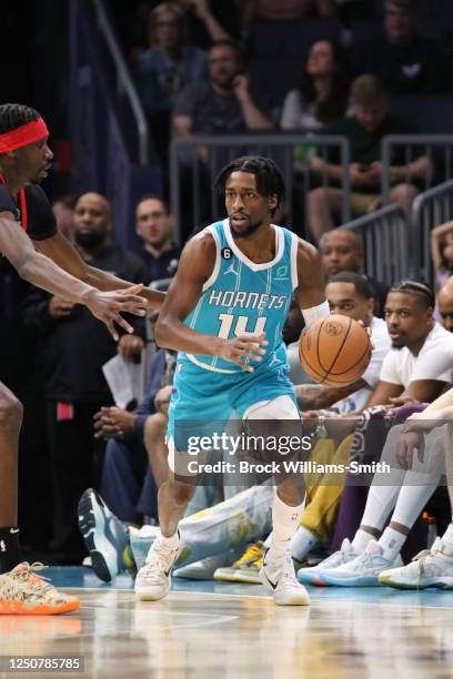 Kobi Simmons of the Charlotte Hornets handles the ball during the game on April 4, 2023 at Spectrum Center in Charlotte, North Carolina. NOTE TO...