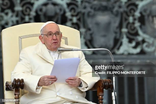 Pope Francis speaks during the weekly general audience on April 5, 2023 at St. Peter's square in The Vatican.