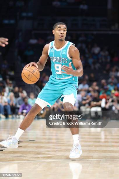 Theo Maledon of the Charlotte Hornets goes to the basket during the game on April 4, 2023 at Spectrum Center in Charlotte, North Carolina. NOTE TO...