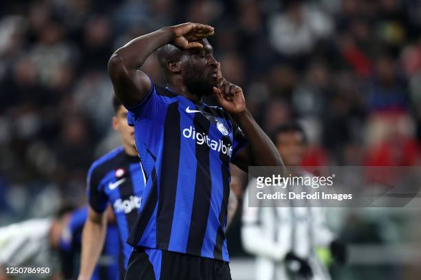 Romelu Lukaku of FC Internazionale celebrates after scoring his team's first goal during the Coppa Italia Semi Final match between Juventus FC and FC...