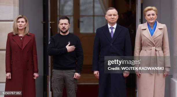 Polish President Andrzej Duda and his wife Agata Kornhauser-Duda together with Ukrainian President Volodymyr Zelensky and his wife Olena Zelenska...